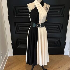 Halston Heritage Black and Cream Midi Dress